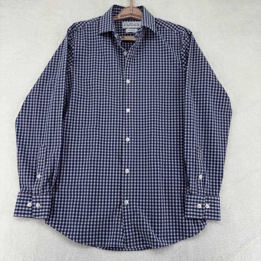 Mizzen+Main Leeward Dress Shirt Mens Small Trim Fit Navy Gingham Check 20414